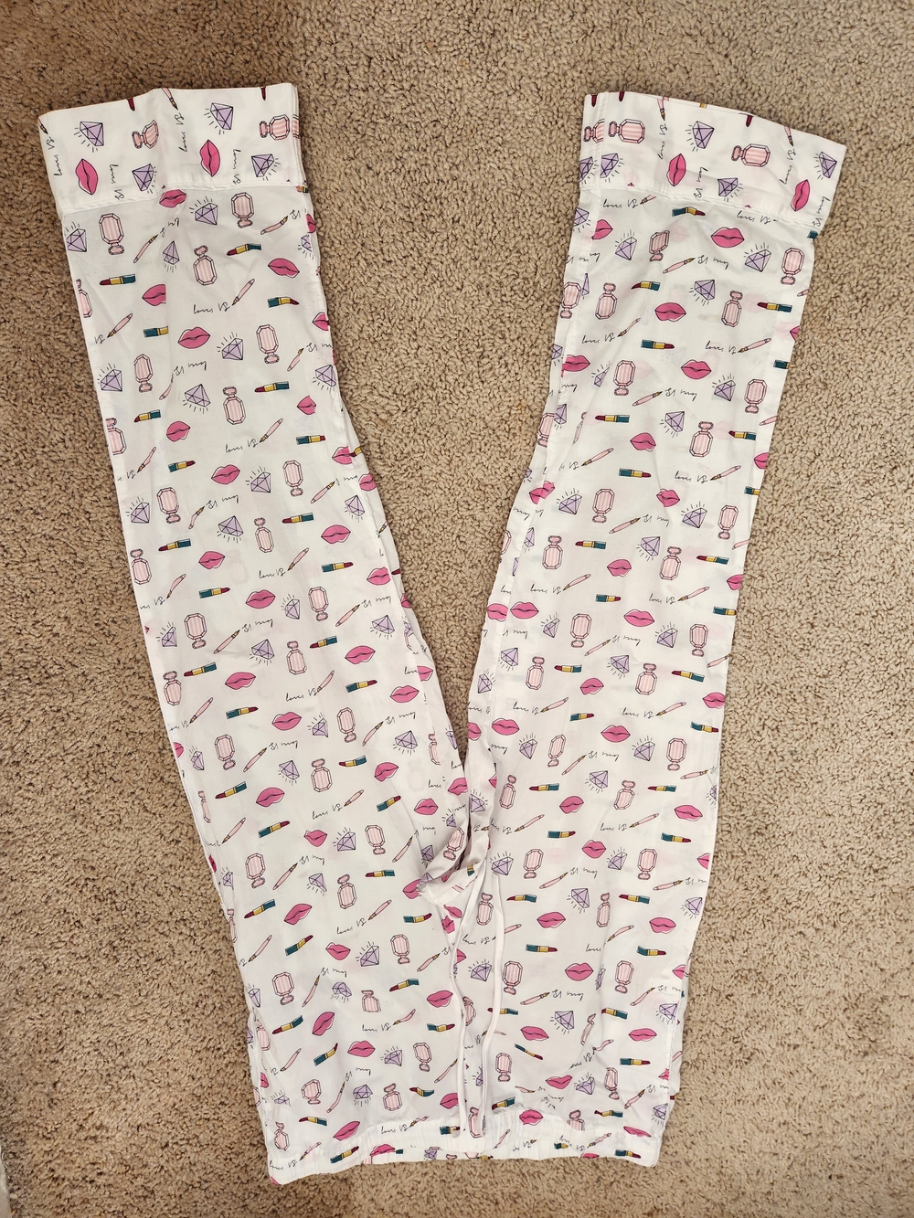 Victoria's Secret White Pajama Pants with Pink & Purple Beauty Print